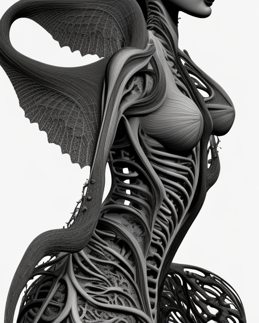 a black and white 3D render of an elegant full figure young female angelic-dragon-cyborg with a very long neck, Mandelbrot fractal, anatomical, flesh, facial muscles, veins, arteries, full frame, microscopic, highly detailed, flesh ornate, elegant, high fashion, rim light, 150 mm lens, octane render in the style of H.R. Giger and Man Ray, Realistic, Refined, Digital Art, Highly Detailed, Cinematic Lighting, rim light, photo-realistic Unreal Engine, 8K