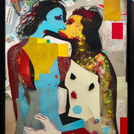 two dream women kissing at a carnival made of love, mixed media collage, retro, paper collage, magazine collage, acrylic paint splatters, bauhaus, abstract claymation, layered paper art, sapphic visual poetry expressing the utmost of desires by jackson pollock