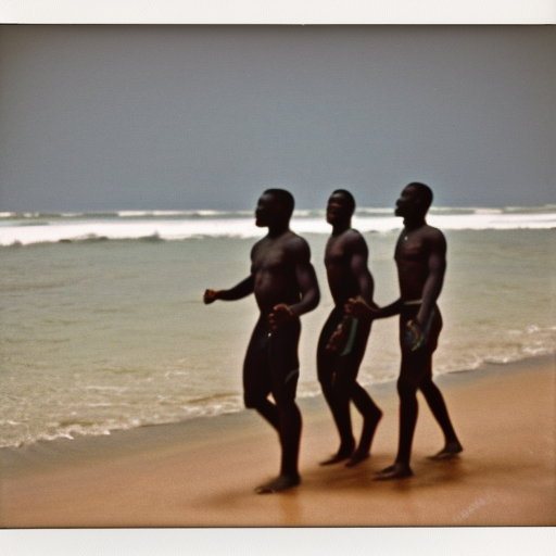 vintage Polaroid photograph of three African men carrying surfboards and walking on beach in Liberia by Andy Warhol. Photorealistic. Film grain. Full color 