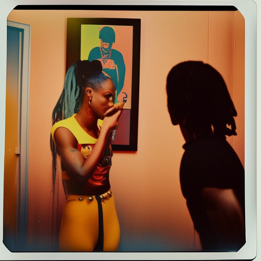 Travis Scott talking to girl in cheap apartment in DC, vintage color polaroid, by Andy Warhol—v 4