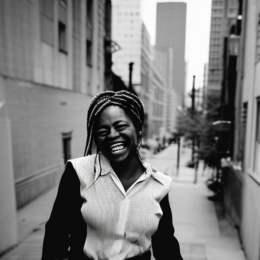 African American woman with long braids and white undershirt, drunk, stumbling around city streets laughing hysterically, 16mm black and white film