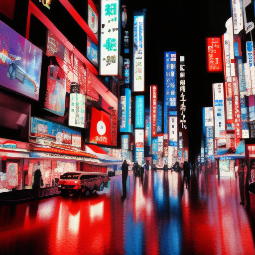 Japan night rainy   neon-lit cityscape in the style of blade runner movie  + flying cars by peugeot brand +people walking wearing leaser jackets  digital art high resolution detailed