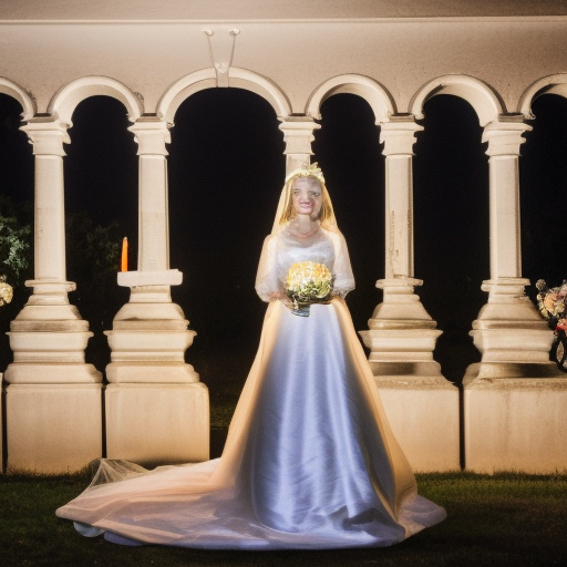 blonde woman dressed as a bride at the cemetery gate at night