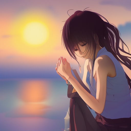  girl cry, anime, sunset, rain, colorful
