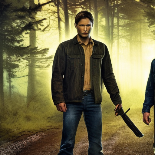 fantasy art book cover showing Sam Winchester and Dean Winchester standing on a road through a dark wood; Dean is facing the front standing with a handgun in his relaxed hand by his side, Sam is holding a ball of sparks in his hand with a car behind them
