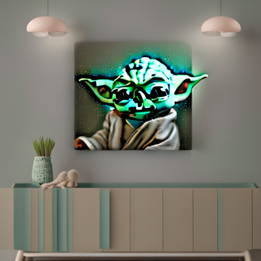 baby yoda surrounded by teal luminous flowers, in forest, at night, warm lighting, digital art, HDR oil painting on canvas