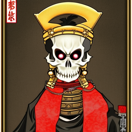 shinigami with skull head, head made out of gold, with red apple in hand, extending arm with apple to camera, shinigami wearing ancient japanese royal attire, give image anime look