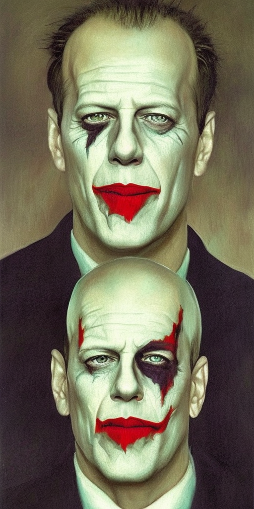 a classical painting of bruce willis as the joker
