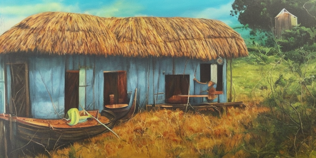 Uma casa simples no campo com um pescador a distancia, pintura a oleo