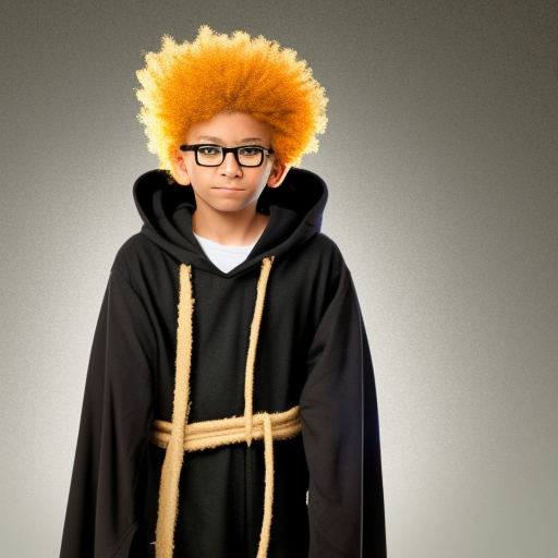 Young wizard, with yellowish afro hair, with eyes like sparks of magic, wears a dark green hooded robe, wears linen pants and brown boots --dark academy 