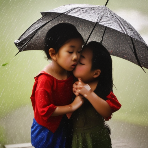 two Little melayu girl kissing in rain