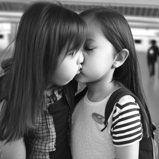 two Little melayu girl kissing in train station 