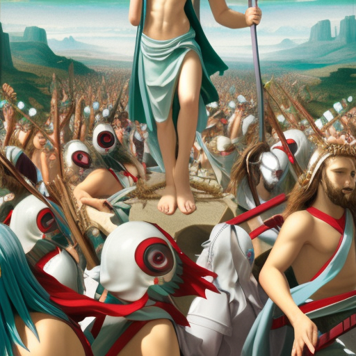 jesus christ our lord leading an army of hatsune miku into battle, photorealistic, anime, mini skirt, long hair, renaissance painting, hyper real, detailed, wide angle shot, ultra detailed