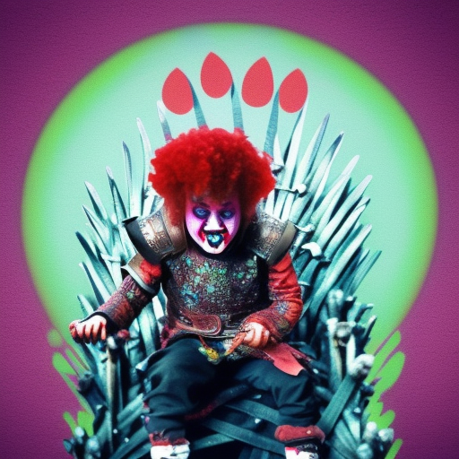 badass young angry clown on the throne from game of thrones with colorful clothes from further perspective