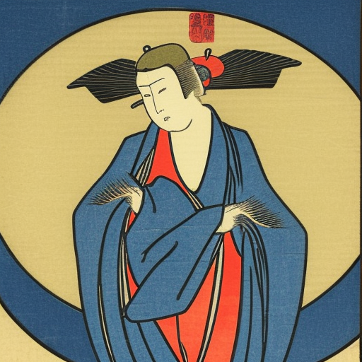 Sexy blonde angel with enormous wings with blue eyes holding a bright star on her hand Ukiyo-e Japanese woodblock