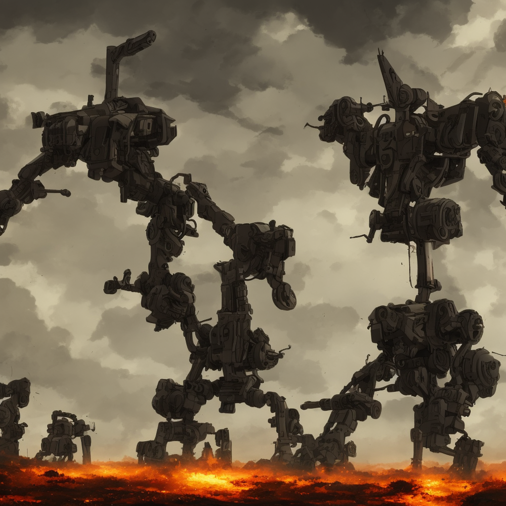 a mech with guns on each arm preparing for combat, battlefield, dead trees, fire, smoke, dark clouds, slightly sunny, ominous, intense, epic, extremely detailed, cinematic lighting, studio ghibli, anime,