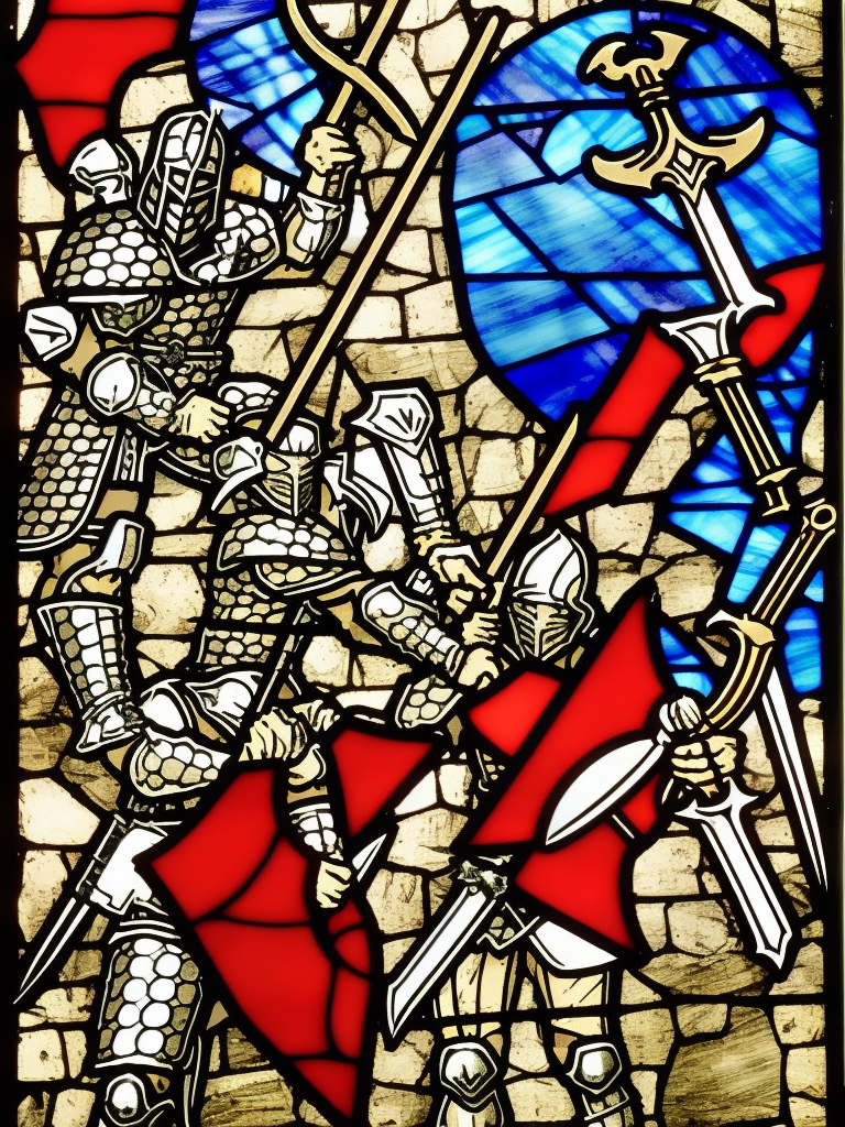 dark medieval, triumphant young evil gladiator defeating good gladiator with sword and shield, evil, Warhammer fantasy, stained glass, black and red, gold and blue, grim-dark, gritty