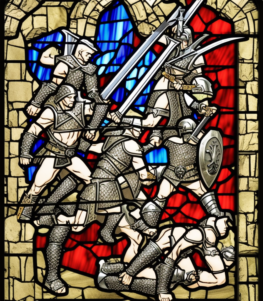 dark medieval, triumphant young evil gladiator beating good gladiator with sword and shield, evil, Warhammer fantasy, stained glass, black and red, gold and blue, grim-dark, gritty