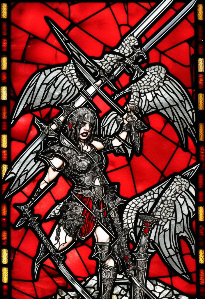 stained glass, a young aggressive evil demonic gladiator with a big demonic sword, Warhammer fantasy, Diablo, intricate details, black and red, grim-dark, detailed%>