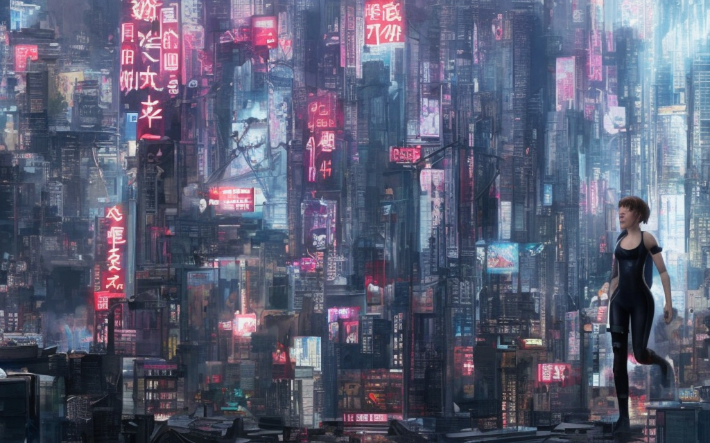 very realistic scarlett johansson character fighting, ghost in the shell, city buildings made of parts and rubbish on fire, Japanese neon billboards