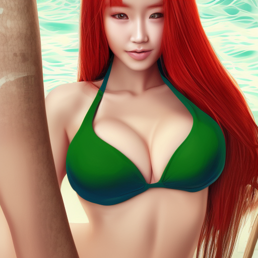 ultra realistic illustration asian red head with green eyes bikini