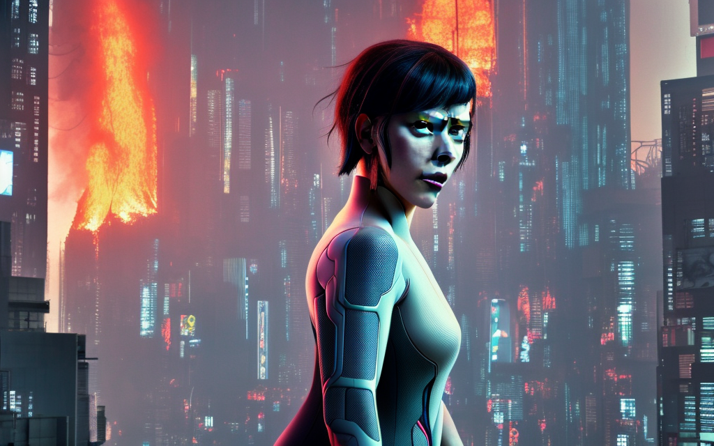 realistic running scarlett johansson character from ghost in the shell, futuristic tower city on fire, neon japanese billboards

