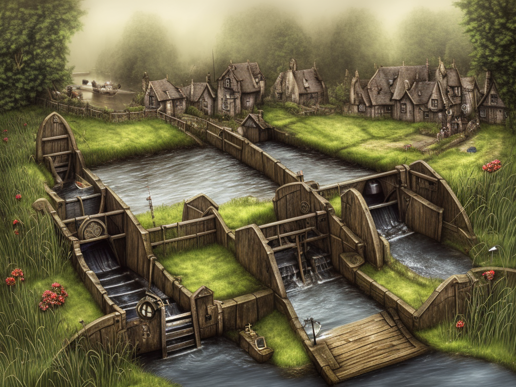 Dark medieval river lock with two sluices on wide rocky river, lock gates, one house, Warhammer fantasy, summer, bushes, trees, nets, fishing, fish, water-lily, boat, poor, black adder, muddy, puddles, misty, overcast, Dark, creepy, grim-dark, gritty, detailed, realistic, illustration, high definition