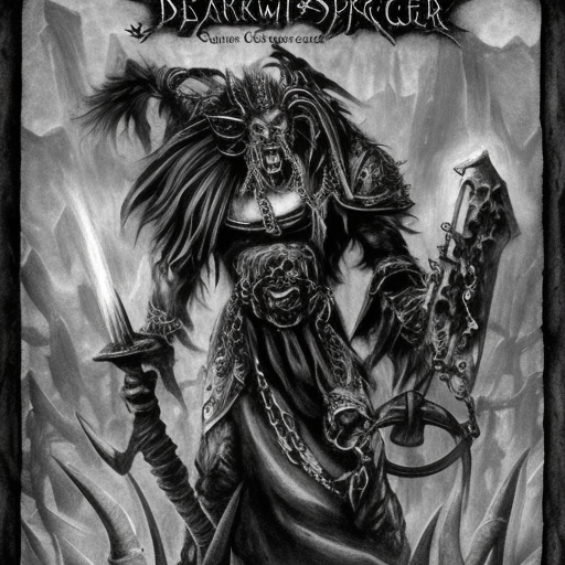 dark sorcerer of Belakor with book, chains, big black nails, using shadow magic, Warhammer fantasy, creepy, grim-dark, gritty, realistic, illustration, high definition