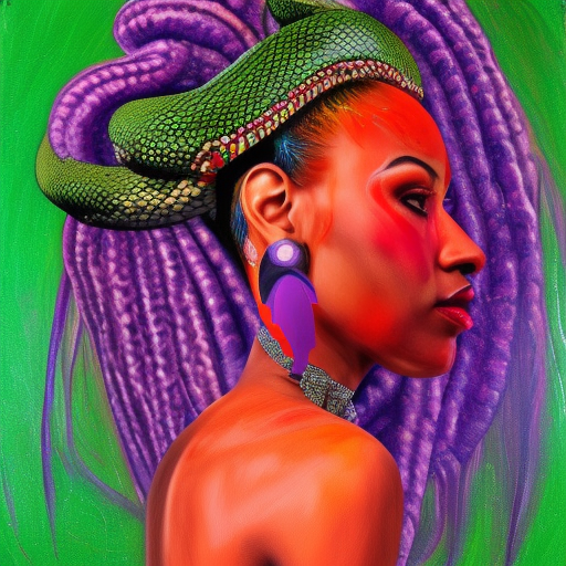 skrull empress with large headdress, in a royal palace with red cosmo background.
a Snake around neck. Dress purple. Green skin. braids in hair oil painting on canvas