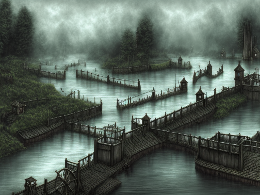dark medieval, river lock with sluice on a wide rapid river, different water levels, Warhammer fantasy, one building, summer, trees, fishing, nets, misty, overcast, Dark, creepy, grim-dark, gritty, Yuri Hill, hyperdetailed, realistic, illustration, high definition, 4K, oil on canvas