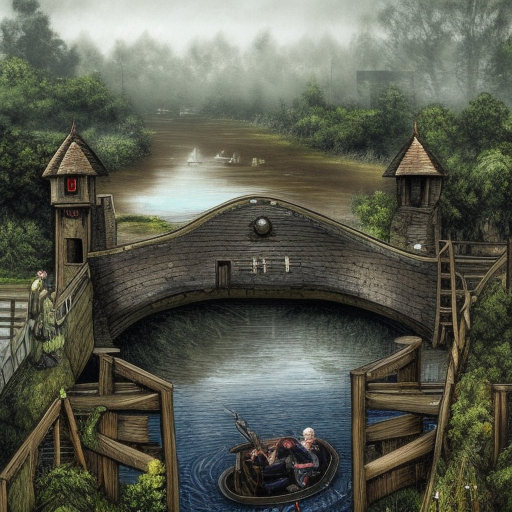 dark medieval wide big river lock with two sluices, water levels, lock gates, one house, rocks, Warhammer fantasy, summer, bushes, trees, nets, fishing, fish, water-lily, boat, poor, black adder, muddy, puddles, misty, overcast, Dark, creepy, grim-dark, gritty, detailed, realistic, illustration, high definition