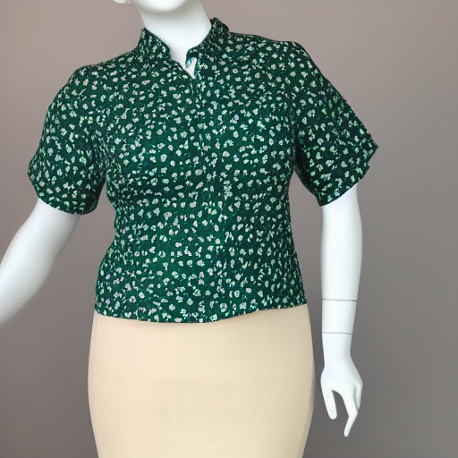 |[short sleeve]| |[green]| |[blouse]| |[vintage style]| with a |[floral design]| worn by a plus-size store  mannequin, |[natural daylight]| 8k, clean, high quality  photoshoot, fashion