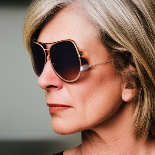 photo of a 46-year old attractive white woman wearing rayban aviator sunglasses in the style of Annie Leibovitz, realistic, professionally, professionally color graded, half body shot, sharp focus, 8k high definition, intricate, elegant, extreme bokeh, 