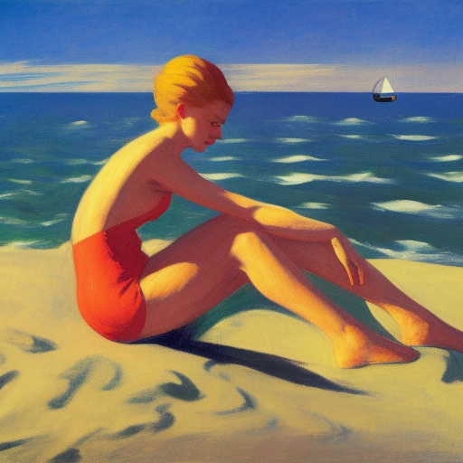 goddess at the beach, edward hopper, some shells in the sand, a sailor in the background
