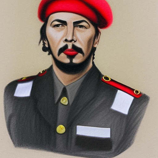 che guevarra, color pencil sketch, with red star on black beret, symmetrical
