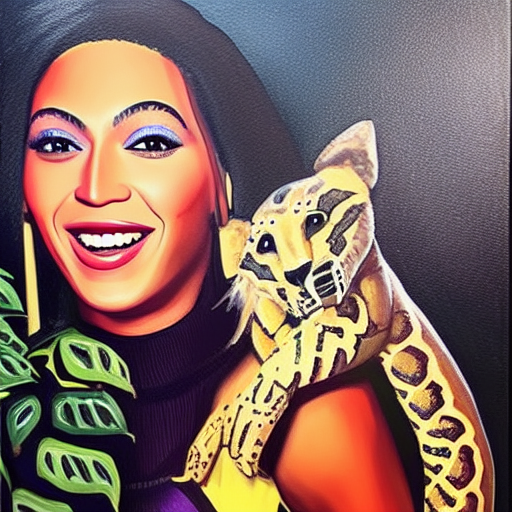A Happy Beyonce as Black Panther petting a snake , detailed oil painting on canvas