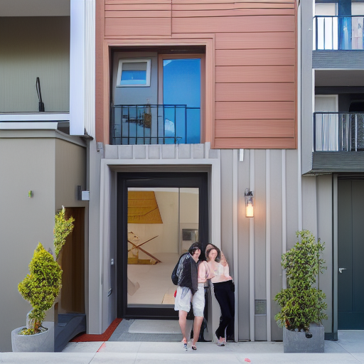 an interesting modern new 3-story building with a roof deck in north beach. a couple and a girl are in front of the door.