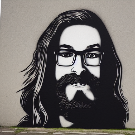 27 year old bearded man wearing glasses, long hair, street art by banksy
