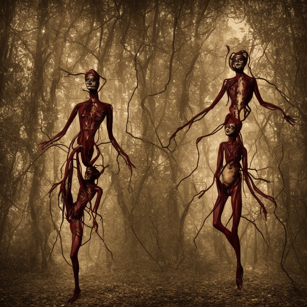 1860 photo of an old freak show body spider-woman, on the middle of a forest, spooky , veins, arteries, intricate, golden ratio, full frame, elegant, highly detailed, ornate, ornament, sculpture, elegant , luxury, beautifully lit, ray trace, 3d, PBR