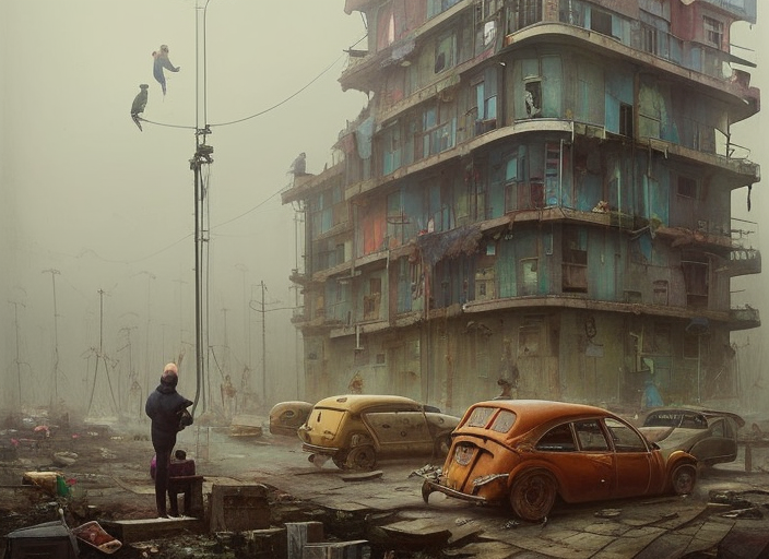 waiting in line for cold soup by simon stalenhag and gil elvgren and tom bagshaw and marc simonetti and quint buchholz and jan miense molenaer, slums, highly detailed, hyperrealism, dreary, cold, cloudy, grey, smog, high contrast, solarpunk, high saturation