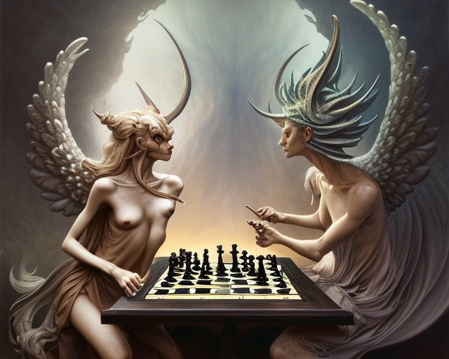an angel and a demon, playing chess with humans!!, fantasy landscape made of fractals facing each other, ultra realistic, wide angle, intricate details, the fifth element artifacts, highly detailed by peter mohrbacher, hajime sorayama, wayne barlowe, boris vallejo, aaron horkey, gaston bussiere, craig mullins