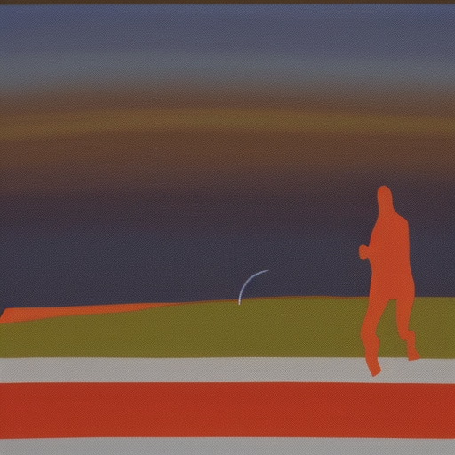 STRENGTH. MOTION. TREATMENT.

In the foreground is a running man, no face, no shoes...

In the background, a landscape with a very low horizon, with two houses and a sword that rests on a hemisphere and an orthodox cross. The sky is dusky with weightless clouds.

The third plane of the painting is represented by multicolored stripes of red, black, green, white and yellow, this is the basis on which the world presented in the picture is located.

A combination of red, white, and black dominates
