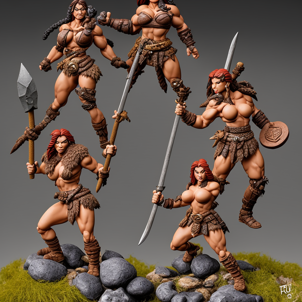 A D&D tabletop miniature of a muscular female barbarian berzerker, with cloth fur and leather hide armor, with axe, masterpiece sculpt on a round base with dirt rocks and grass, realistic, product photo, dramatic lighting, by Frank Frazetta, Artgerm, Simon Lee, Joe Jusko, Disney Infinity