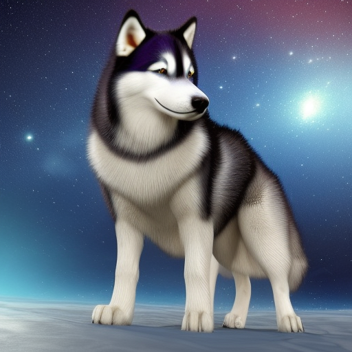 Create an image of a realistic 3D husky standing in a space-like setting, surrounded by a vibrant galaxy background. The husky should be highly detailed and hyper-realistic, with studio lighting highlighting its features and giving it a lifelike appearance. The galaxy background should be equally detailed and photo-realistic, with various colored stars, nebulae, and other celestial bodies creating a sense of depth and wonder. The husky should be posed in a dynamic and interesting position, possibly looking towards the viewer with a sense of curiosity or wonder. Overall, the image should be highly detailed and visually stunning, capturing the beauty and mystery of space.