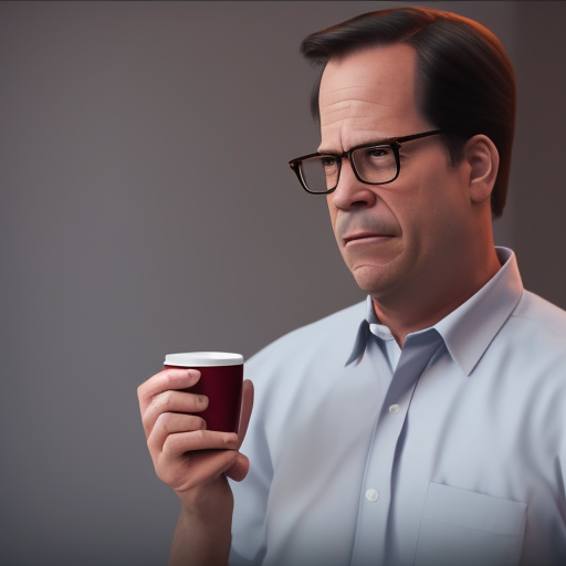 Bill Lumbergh of office space holding a coffee cup pixar artstyle, wide shot, dramatic lighting, octane render, hyperrealistic, high quality, HD, cinematic