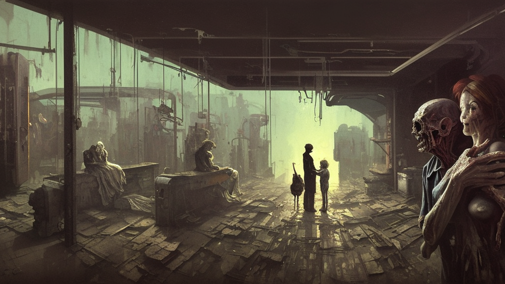 a highly detailed epic cinematic concept art CG render digital painting artwork: old dead couple at a decayed gas station surrounded by dark figures. By Greg Rutkowski, in the style of Francis Bacon and Syd Mead and Norman Rockwell and Beksinski, open ceiling, highly detailed, painted by Francis Bacon and Edward Hopper, painted by James Gilleard, surrealism, airbrush, Ilya Kuvshinov, WLOP, Stanley Artgerm, very coherent, triadic color scheme, art by Takato Yamamoto and James Jean