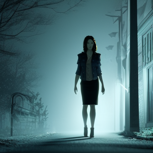90s horror movie shot, a beautiful  woman detective with a jean vest, perfect face, perfect body, perfect legs, stalked by a cloaked figure in a suburban street by night, highly detailed and intricate, golden ratio, glow, ominous, haunting, cinematic,  unreal engine, studio lighting, rim lighting, sharp focus, uhd, 8k