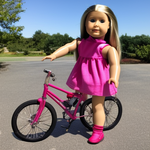 an american girl doll. With a doll and a bike