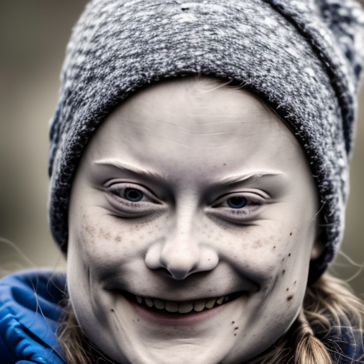 Happy Greta Thunberg, open mouth, smile, freckles, moist lips, oily skin,  ultra-realistic portrait cinematic lighting 80mm lens, 8k, photography bokeh