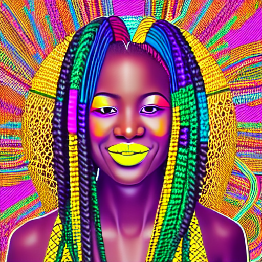 Portraits of African Women with large colourful braids generated with Canva inspired from the artwork of Ras Akyem with  different variations & features ultra-realistic portrait cinematic lighting 80mm lens, 8k, photography bokeh